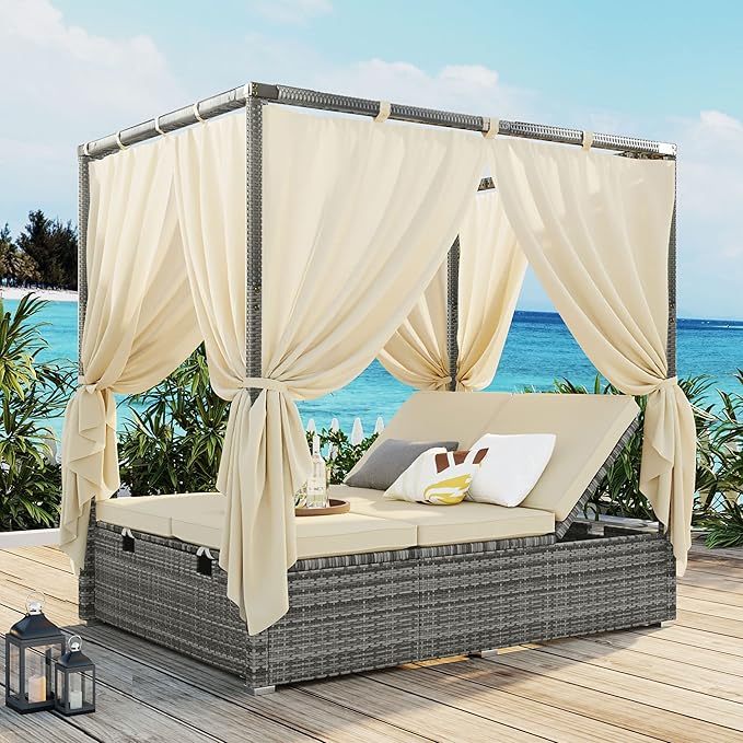 KEVINSPACE Outdoor Daybed with Curtain Canopy Bed Patio Furniture Adjustable Sunbed Set All-Weather Rattan Sun Lounger Patio Wicker Sofa Set Patio Conversation Set Curtains for Garden Yard Beige