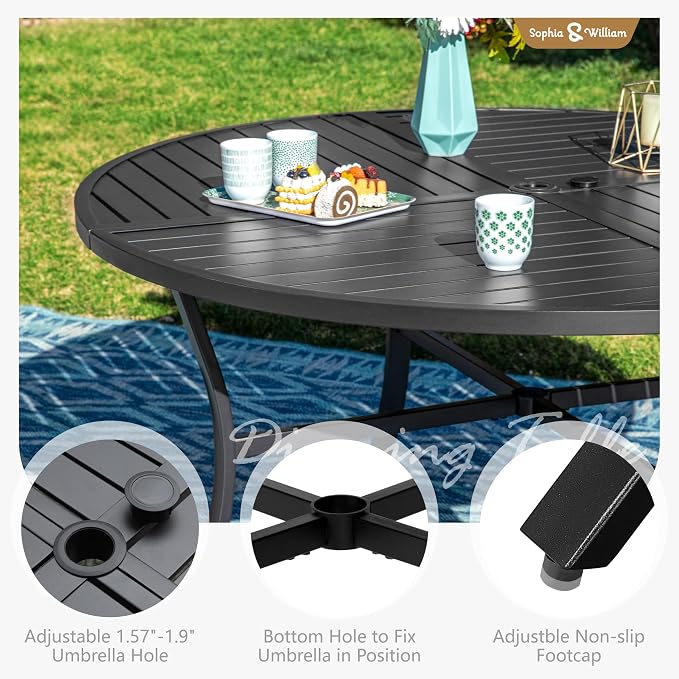 Sophia & William Patio Dining Set, Steel, Black | Umbrella Hole, E-Coated, Cushions Included, For Patio, Garden and Yard