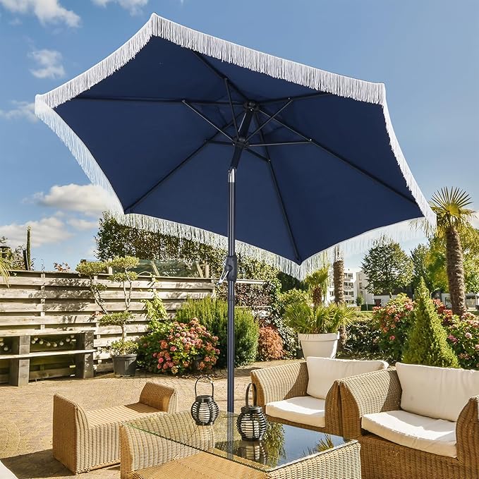 GDY 7.5 ft Tassel Patio Umbrella, Fringe with Umbrella Base - Stylish Beach, Pool, and Yard Umbrella for Ultimate Outdoor Decor, Navy Blue