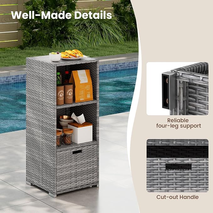 Tangkula Rattan Outdoor Storage Cabinet, Patiojoy Outdoor Wicker Cabinet with 3 Shelves, 1 Removable Drawer, Patio Storage Deck Box for Backyard Poolside Porch