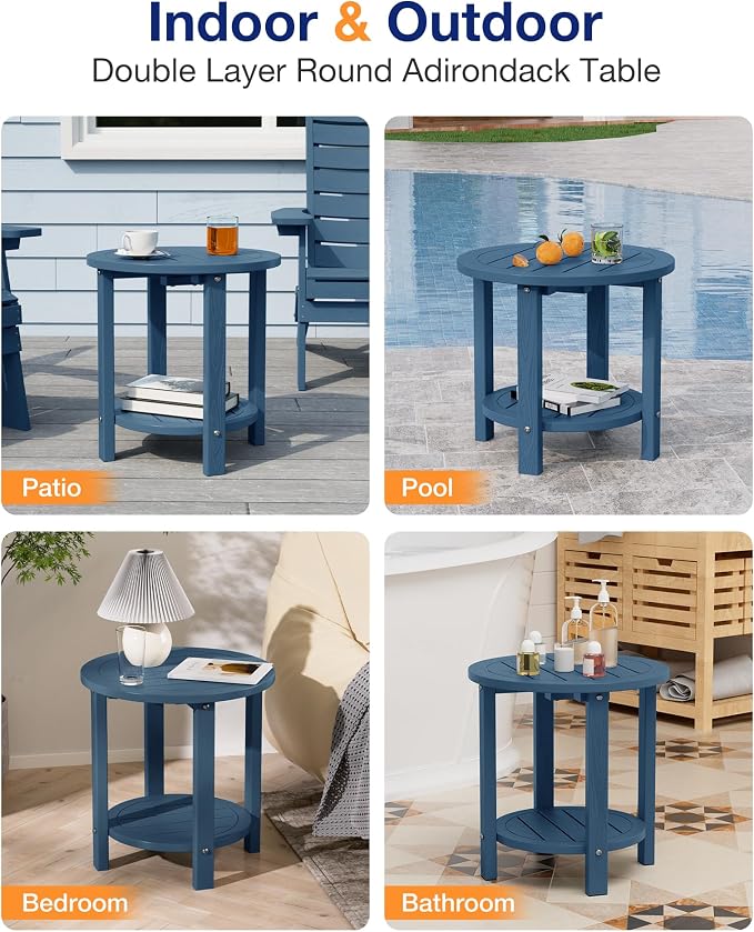YEFU Outdoor Side Table for Patio: 16in HIPS Small Round Outdoor End Table - 2-Tier Adirondack Tables for Porch Patio Yard Poolside Living Room Beach Bedroom (Navy, 2 Pack)