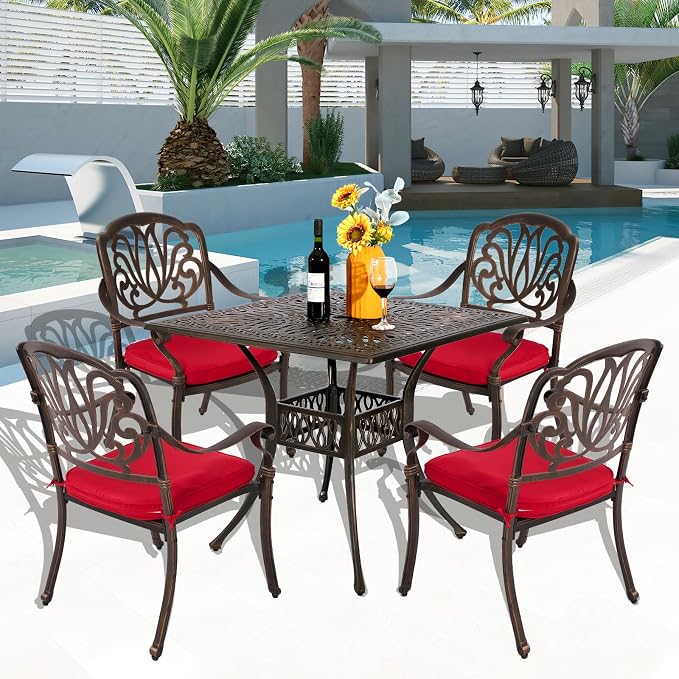 TITIMO 5-Piece Outdoor Patio Dining Set,Cast Aluminum Furniture Patio Conversation Set All-Weather Includes Square Table with Umbrella Hole for Patio Garden Deck, Flower Design (Red)
