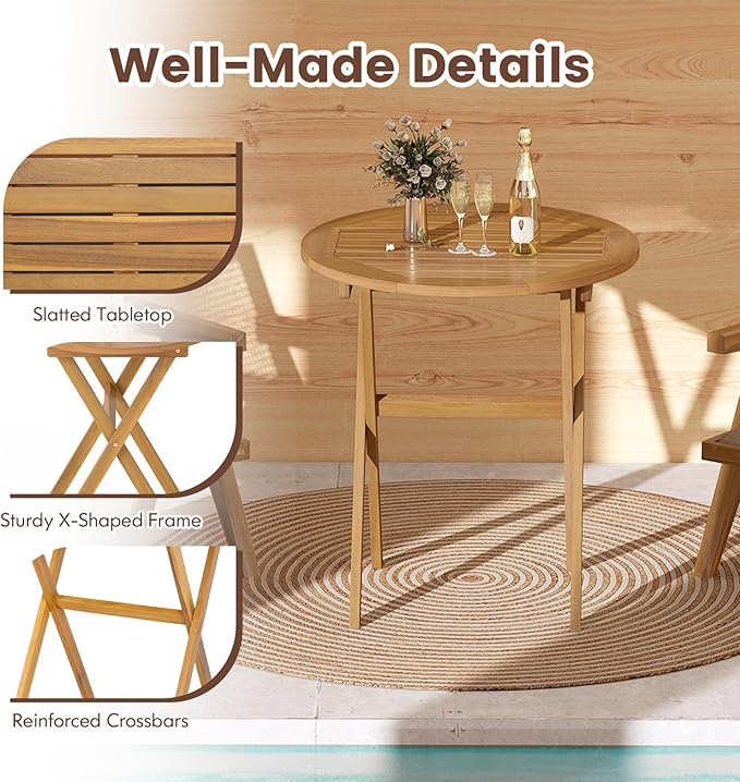 RELAX4LIFE Round Outdoor Folding Table - 26’’ Acacia Wood Patio Bistro Table w/Slatted Tabletop for Indoor Outside Dining Camping, Portable Foldable Wooden Furniture for Garden Backyard Porch (1)