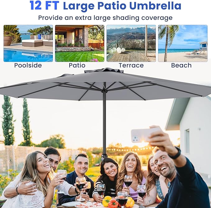 Tangkula 12 FT Patio Umbrella, Outdoor Market Umbrella with Crank Handle, 8 Sturdy Ribs, Double-Tiered Table Umbrella, Sun-Protective Waterproof Canopy Round Parasol for Garden Backyard Pool (Grey)