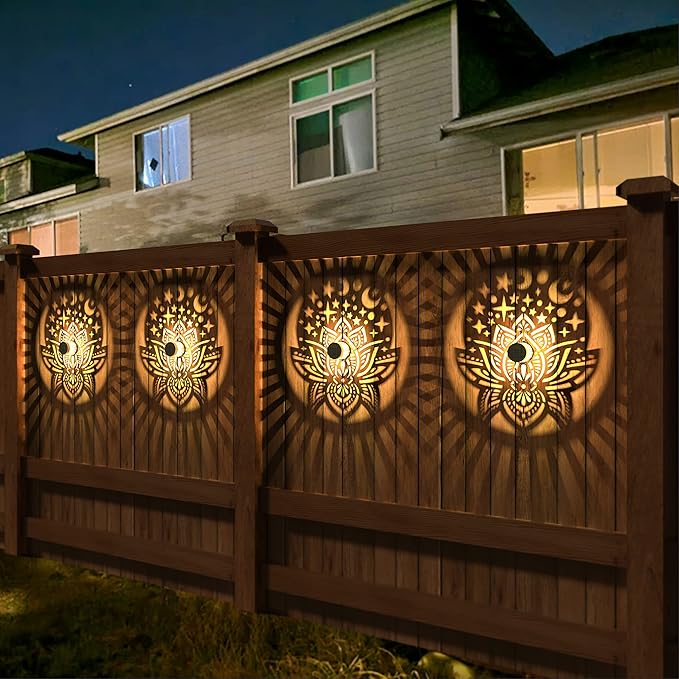 gardencave 2 Pack Solar Fence Lights Metal Solar Powered Outdoor Wall Deck Lights Lotus Theme Waterproof Fence Light for Garden Post Patio Backyard Yard Decor (Lotus, 2 Pack)