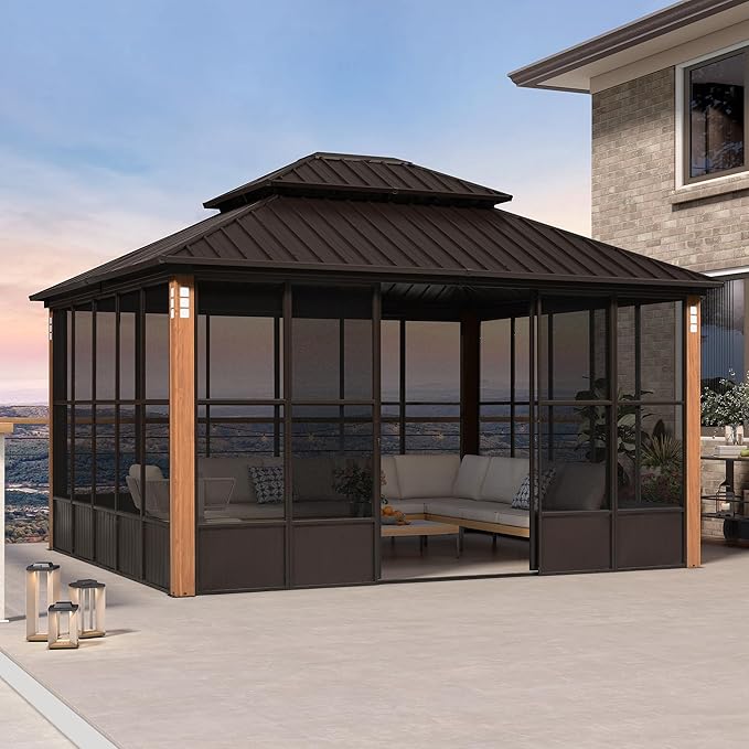 PURPLE LEAF 12' X 14' Outdoor Hardtop Gazebo with Solarium Galvanized Metal Roofs Patio Wood Grain Aluminum Frame with Screens and Doors for Hot Tub Garden Bronze