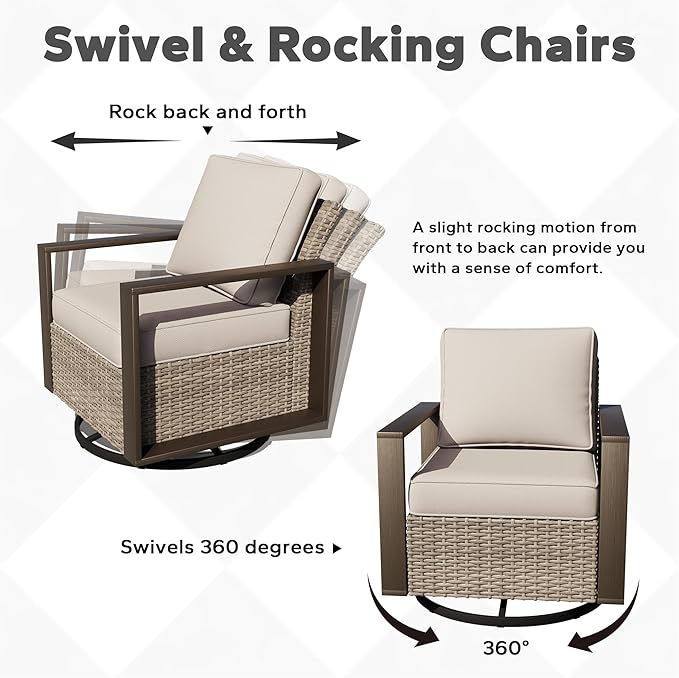 Joyside Outdoor Patio Chairs, 8 Pieces Wicker Rattan Furniture Set, 4 Patio Chairs, 1 Sofa, 2 Ottoman and 1 Table, Metal Wide Armrest, Thick Cushions and Deep Seating for Garden, Backyard, Porch