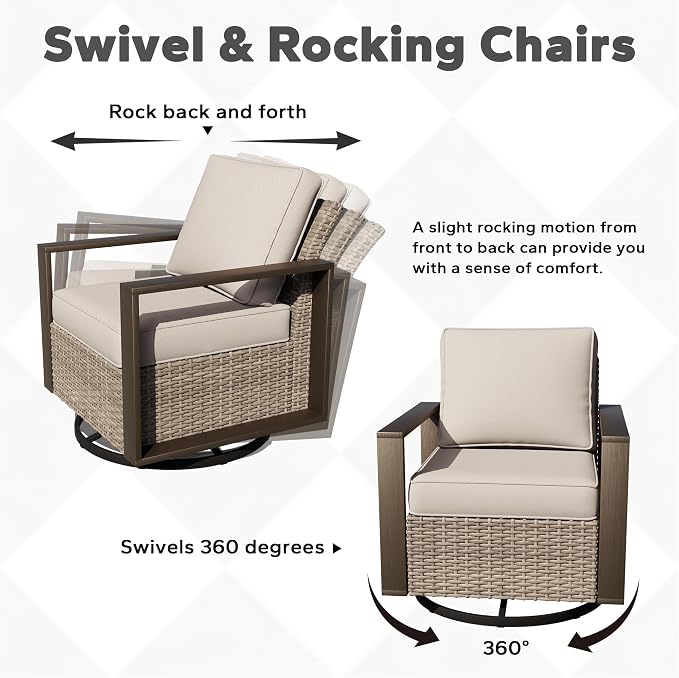 Outdoor Patio Swivel Rocker Chairs, 5 Pieces Wicker Furniture Set, 2 Swivel Rocking Chairs, 2 Ottoman and 1 Table, Metal Wide Armrest, Thick Cushions and Deep Seating for Garden, Backyard, Porch, Deck