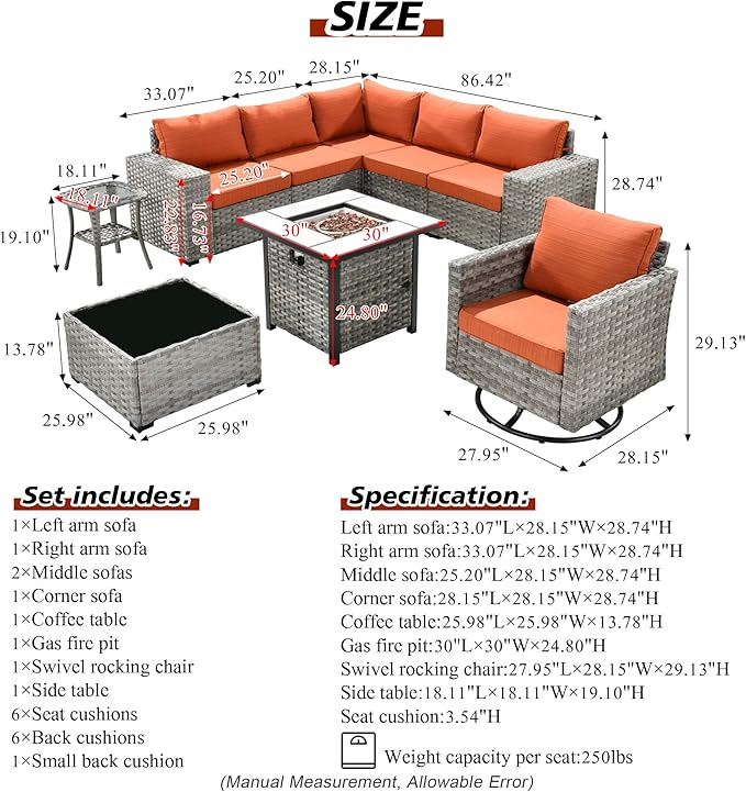 HOOOWOOO Outdoor Patio Sectional Furniture Sofa Set with Propane Gas Fire Pit Table,9 Piece Modern Wicker Couch with Swivel Chair,Modular L Shaped Conversation Seating Set with Wide Arm(Orange Red)