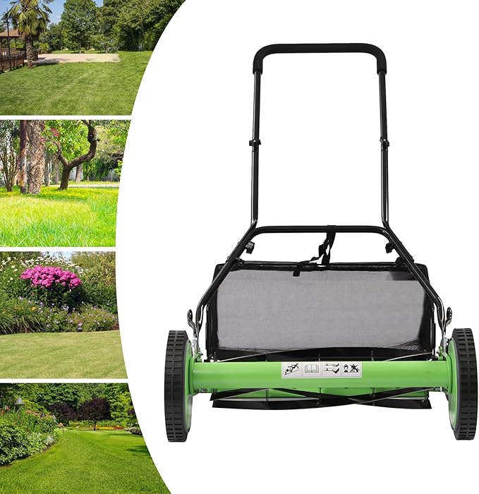 Reel Mower Cylinder Lawnmower Push Reel Lawn Mower with Grass Catcher Universal Manual Lawn Mower w/Grass Catcher Adjustable Cutting Height Detachable Design Push Lawn Mower Green
