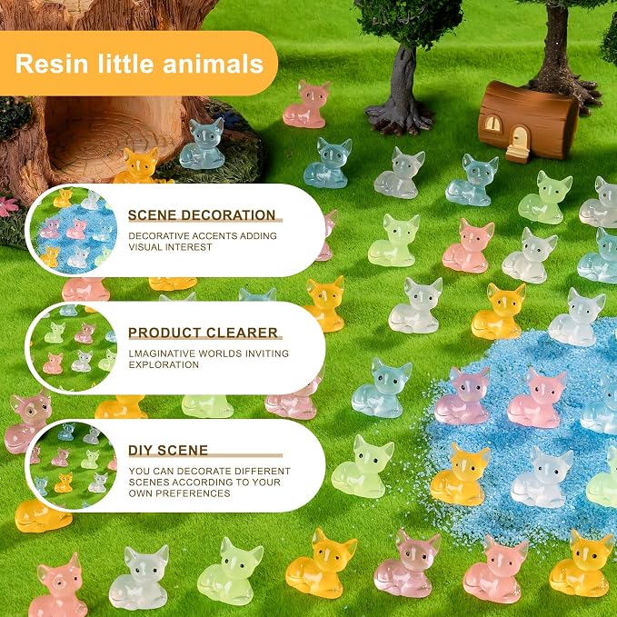 60 pcs Mini Resin Fox Many Styles Variety Tiny Luminous Animals Figures Miniature Little Small Animal Figurines Bulk for Micro Fairy Garden Landscape Accessories Hide Crafts Decor Aquarium