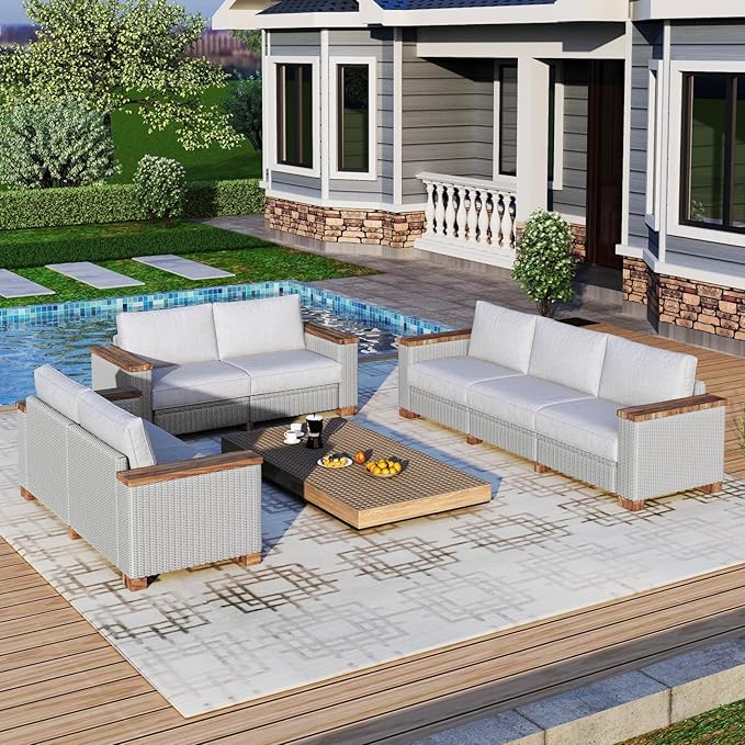 7-Piece Outdoor Patio Sofa Set, PE Wicker Furniture with 5.9" Solid Wood Armrest, Deep Seating Sectional Conversation Set with Cushions for Backyard, Deck, Porch, Poolside, Garden