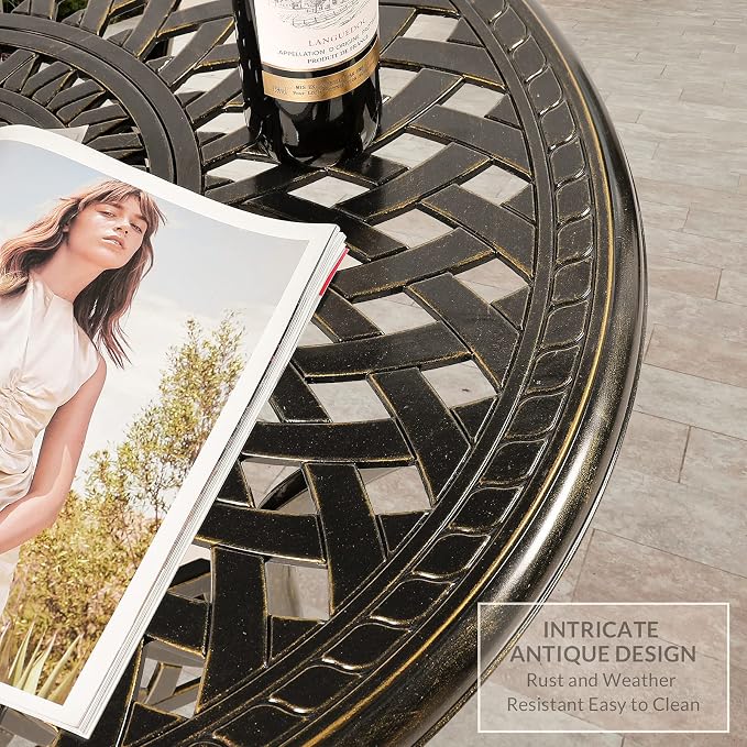 VIVIJASON 31" Patio Bistro Table Outdoor Dining Round Table Bronze Cast Aluminum Table with Umbrella Hole