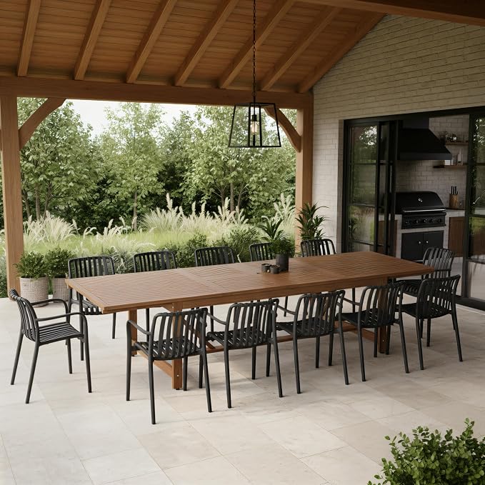 Urban Elements Frida Rectangular Extendable Patio Furniture Set | 100% Certified Teak Finish | Backyard Furniture, Outside Table and Chairs, Rectangular Outdoor Dining Set (Black, 13-Piece)