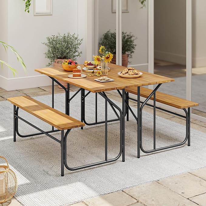HAPPYGRILL Picnic Table Bench Set for 4, Acacia Wood Dining Table and Bench Set with Heavy Duty Metal Frame, for Patio, Porch, Garden and Backyard