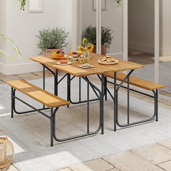 HAPPYGRILL Picnic Table Bench Set for 2, Acacia Wood Dining Table and Bench Set with Heavy Duty Metal Frame, for Patio, Porch, Garden and Backyard