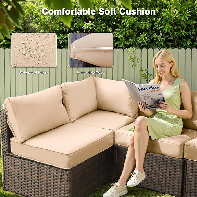 12 Piece Patio Furniture Set with Fire Pit Table All Weather PE Rattan Outdoor Sectional Sofa Couch with No-Slip Cushions and Glass Top Table for Garden, Poolside, Backyard (Beige)