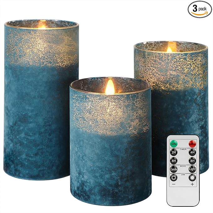 Blue Flameless Candles Set of 3, Sandblasted Glass LED Pillar Candles with Remote, Battery Operated Flickering Candles for Coastal Home Decor, Party Bathroom Holiday Birthday Wedding Decoration