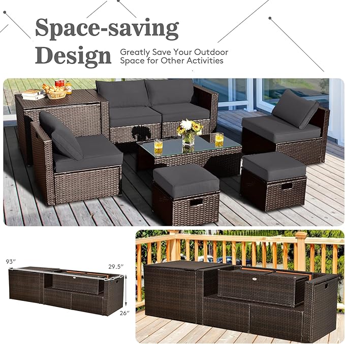 Tangkula 8 Piece Patio Furniture Set, Patiojoy Outdoor Space Saving PE Rattan Sectional Sofa Set for 6 with Waterproof Cover, for Garden, Deck, Poolside and Balcony (Grey)