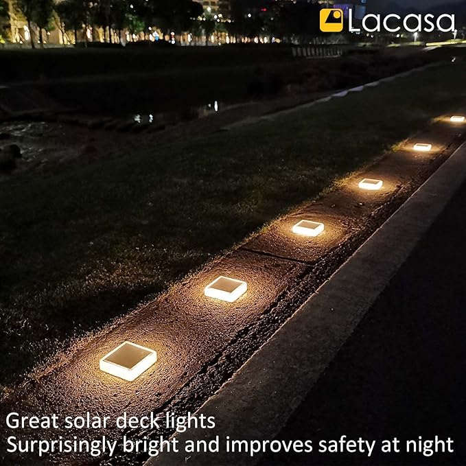 Lacasa 4 Pack Solar Deck Lights Outdoor Waterproof LED, Garden Step Lights Solar Powered Driveway Dock Marine, Dusk to Dawn Lighting for Yard Patio Pathway, Square, Warm White