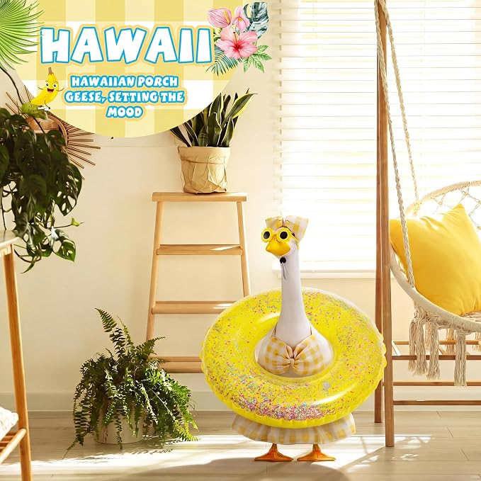 Bikini Porch Goose Outfits with Sunglasses and Swimming Tube for 23" Summer Goose Costume Garden Patio Statue Decor(Yellow Plaid)