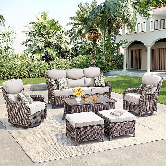 Luxury 6 Pieces Outdoor Patio Furniture Set-All Weather Wicker Outdoor Furniture with Swivel Rocker Patio Chairs 6-inch Extra Thick Cushions Wicker Conversation Set for Garden Porch(Brown/Beige)