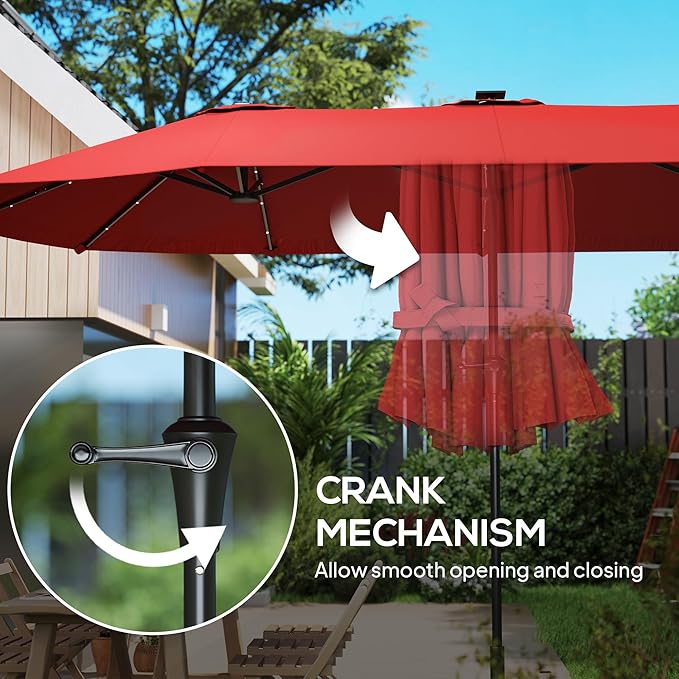 Outsunny 13ft Large Patio Umbrella with Solar Lights, Rectangular Double-Sided Outdoor Market Umbrella with Crank Handle and 48 LED Bulbs for Garden, Pool and Backyard, UPF 30+