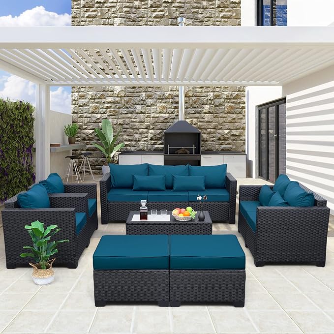 Rattaner Patio Furniture Set 7 Pieces Couch Outdoor Chairs Coffee Table Peacock Blue Anti-Slip Cushions and Waterproof Covers
