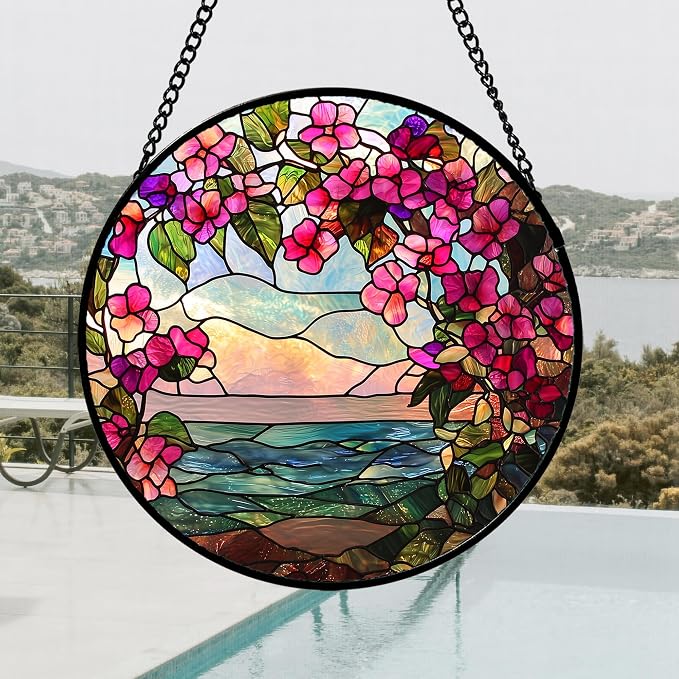 Stained Glass Window Hanging, Purple Flower Landscape Wreath Sun Catcher for Door Home Decor Plants Suncatcher Christmas Mother's Day Birthday Gifts for Women Men Mom Nana 9.8 in
