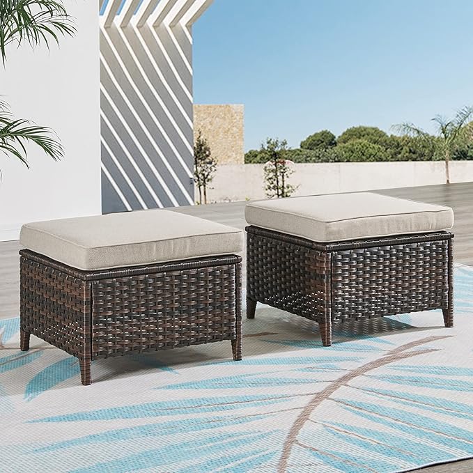 Rilyson Outdoor Ottoman Wicker Patio Ottomans - 2 Piece Footrest Footstools Set Rattan Outdoor Ottomans for Patio with Thick Cushions(Brown/Beige)