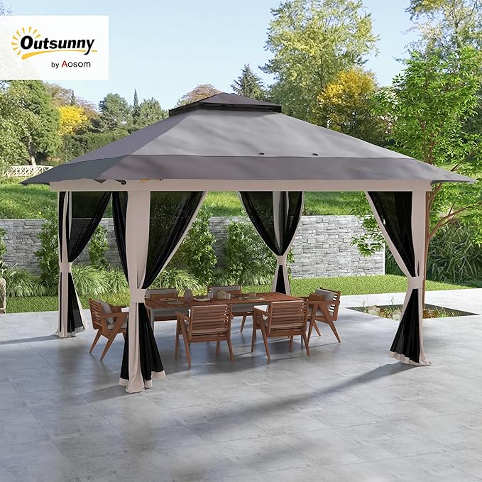 Outsunny 13' x 13' Pop Up Gazebo with Netting, UPF 50+ Instant Canopy Tent Shelter with Water/Sand Bags, Wheeled Carry Bag, for Outdoor, Garden, Parties, Light Gray