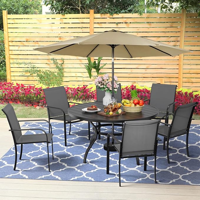 7-Piece Patio Dining Set with Umbrella,6 Person Outdoor Table and Chairs Set, 6 Metal Dining Chairs and Round Outdoor Table with 1.57" Umbrella Hole,Grey