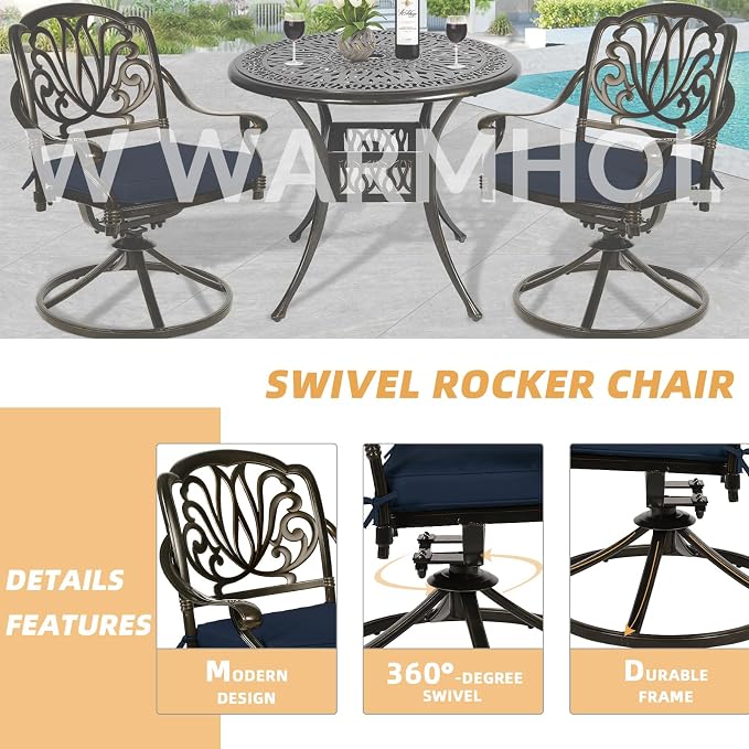 5 Piece Patio Dining Set, Outdoor Table and Chairs Set for 4 Cushioned Swivel Rocking Chairs and 35.4'' Round Table, All-Weather Cast Aluminum Patio Funiture Set, 2'' Umbrella Hole, Navy