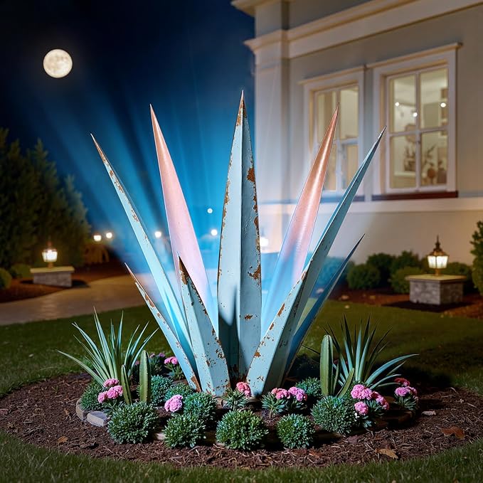 KODIBO 24" Metal Agave Plant Outdoor Decor with Solar Light, Vintage Blue | Solar-Powered Tequila Rustic Sculpture, Waterproof Material, Outdoor Patio Lawn Ornament Yard Stakes, Gift for Garden Lovers