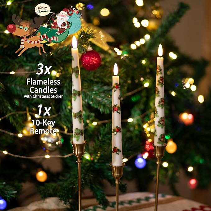 Christmas Flameless Taper Candles with Pine Leaves, Pine Cones, Bells, 9.6" Real Wax LED Candles with Remote, 3 Pcs Flickering Battery Operated Candlesticks, Xmas Candle for Home, Party Decor