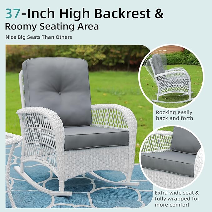 MEETWARM 4 Pieces Outdoor Wicker Patio Conversation Sets with Glider Loveseat, 2 Chairs with Coffee Table Wicker Rocking Chair Set, Patio Furniture Set with Thickened Cushions, White/Grey