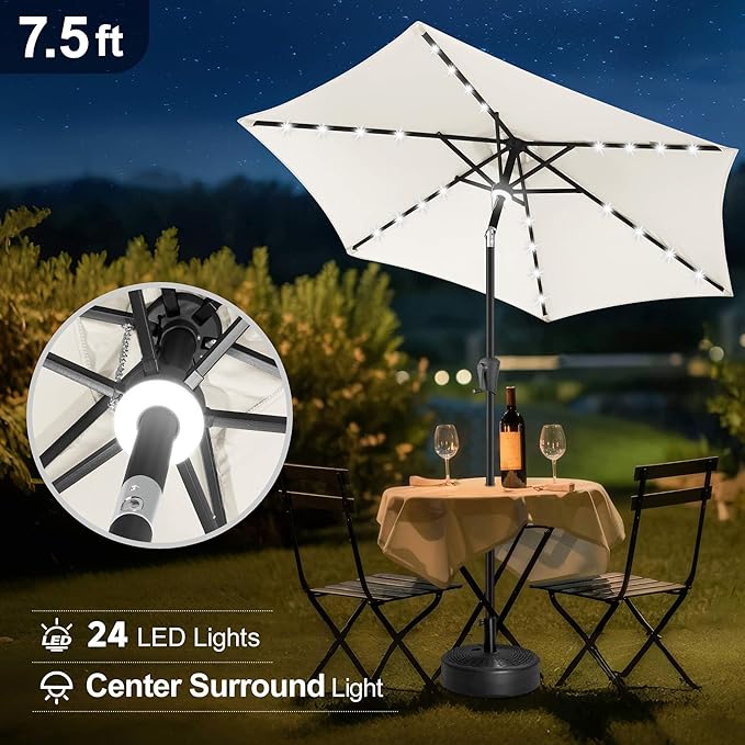 FLAME&SHADE 7.5 FT Solar Light Patio Umbrella, 24 LED Lights Outdoor Umbrella with Centre Surround Light, Table Umbrella Outdoor Patio for Deck, Pool, Backyard, Garden, UV Protection (Ivory)