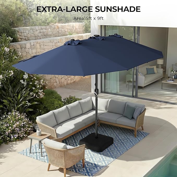 HOMSHADE Double Sided Patio Umbrellas with Base - 15ft RGB Multi-Color Flowing LED Lights Outdoor Extra Large Market Table Umbrella w/Stand, Oversized Umbrella for Deck, Pool, Backyard,Navy