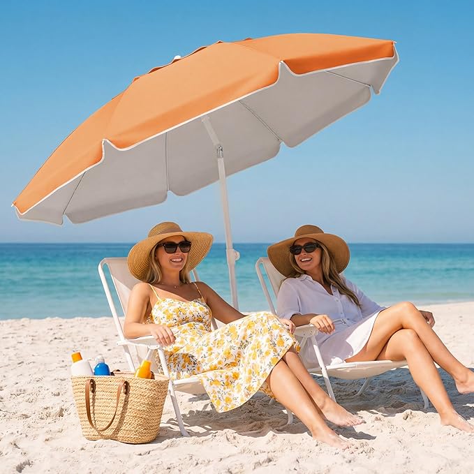 JEAREY 6.5ft Sun Shade Umbrellas, Portable Umbrella with Stand, Lightweight Sun Protection Free Standing Sport Umbrella for Outdoor Sports, Camping, Fishing, Patio, Beach, Sun Orange