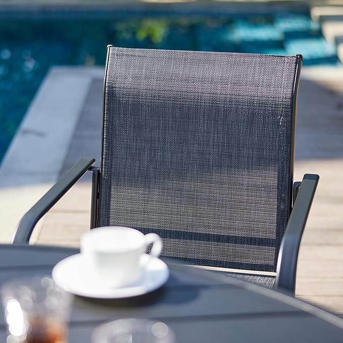 VICLLAX Outdoor Set for 2, Small Patio Table and Chairs Set of Stackable Patio Sling Chairs and Square Dining Table for Front Porch, Dark Grey Fabric and Black Table