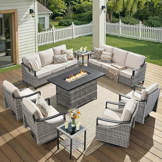 Patio Furniture Set with 42.5" Fire Pit Table-9 Pieces All Weather Wicker Outdoor Furniture with High Back Swivel Patio Chairs Set of 4 Outdoor Patio Conversation for Deck Garden Beige/Gray