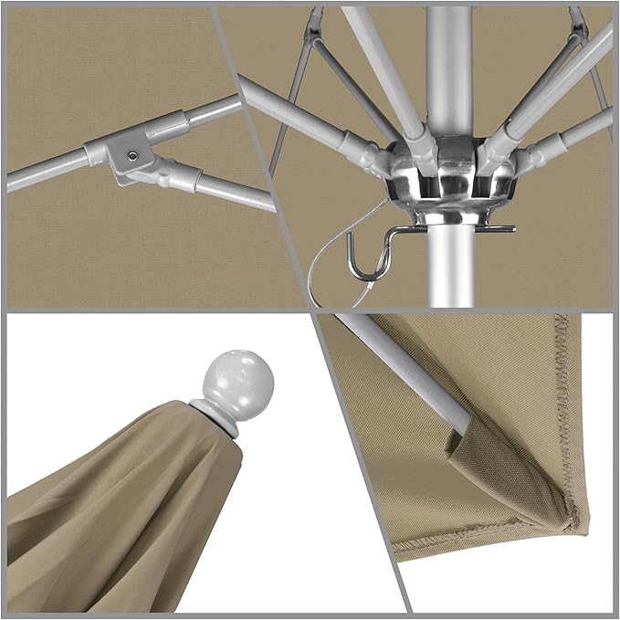California Umbrella 9' Round Aluminum/Fiberglass Umbrella, Push Open, Silver Pole, Olefin Champagne Fabric