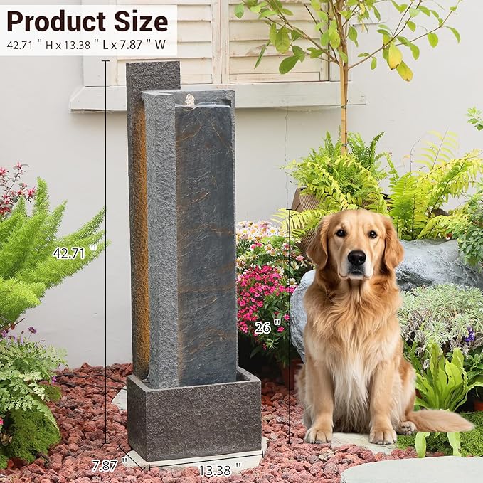 Sunlinua 43H Modern Outdoor Water Fountain with LED Light Garden Cascading Waterfall Feature for Indoor or Outdoor Cascading Waterfall for Relaxing Garden Patio Backyard Deck Porch or Home Décor