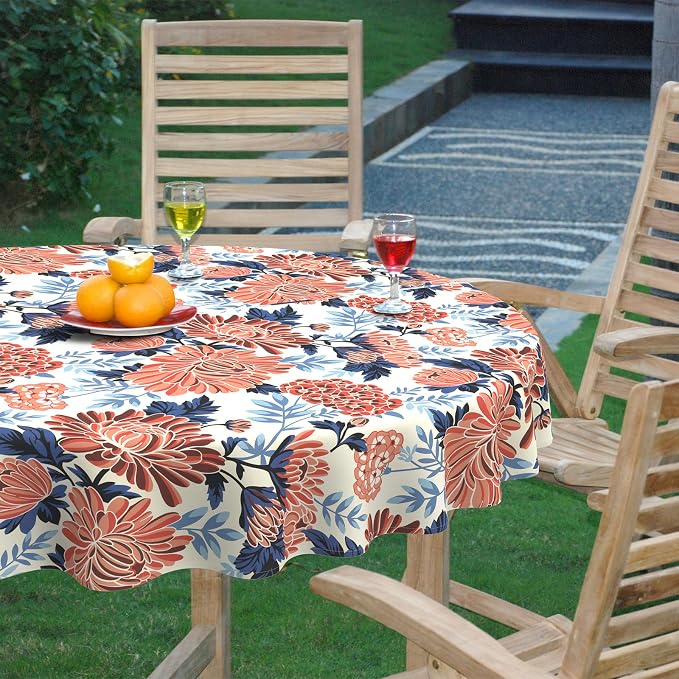 DYTXIII Outdoor Round Tablecloth with Umbrella Hole 60 Inch, Water Repellent & Fade Resistant Table Cover, All Weather Outdoor Tablecloth for Garden & Party Table, Red Chrysanthemum
