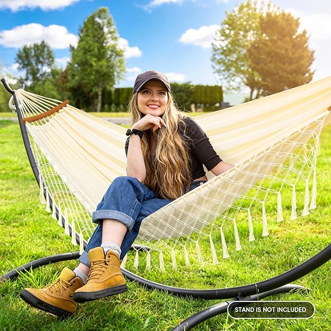 SUNCREAT Hammocks Outdoor Camping Double Hammock with Spreader Bar, Tassel, Hammocks for Outside, Beige