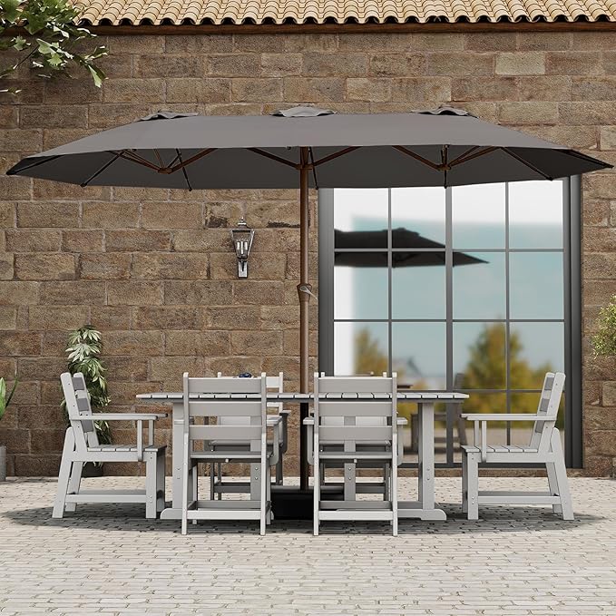 BRIOPAWS 15-FT-Large-Patio-Umbrella-with-Base | Double-Sided | Outdoor Table Umbrellas | w/Crank Handle | 12 Sturdy Fiberglass Rib | UV-Protection | for Garden Deck Backyard Pool | Charcoal Gray