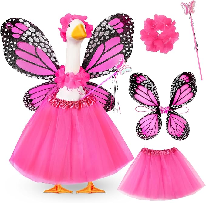 5pcs Butterfly Porch Goose Outfit Costume Tutu Skirt Butterfly Wing Wand Flower Crown for 17‘' 23‘' Cement Goose