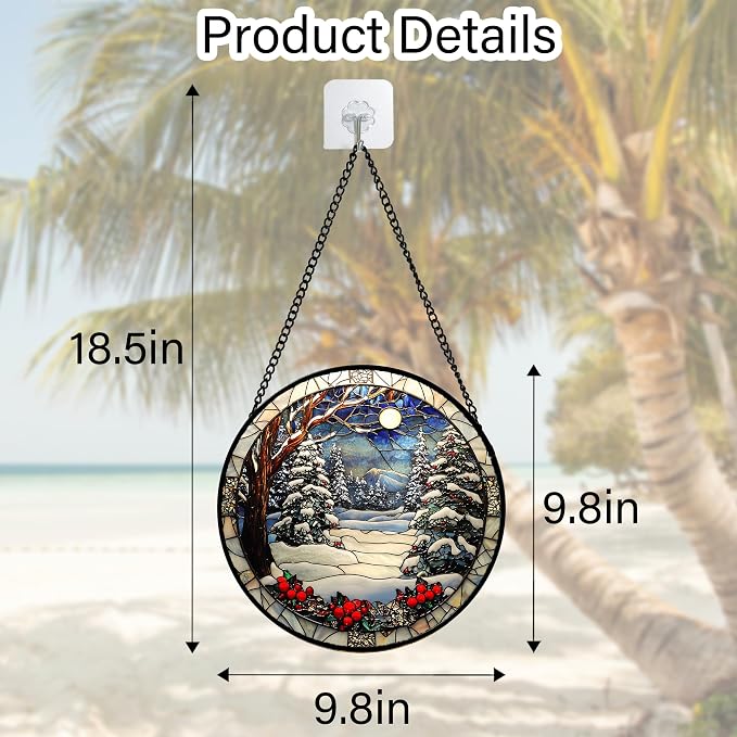 DASTOLL Stained Glass Window Hanging Christmas Tree Winter Snow Night Scenery 9.8" - Suncatcher Door Garden Kitchen Sun Catcher Home Decor Birthday for Mom Men Woman Friend