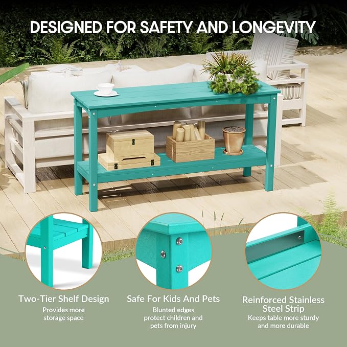 WestinTrends Malibu 55" Outdoor Patio HDPE Adirondack 2-Tier Shelf Console Table, Turquoise