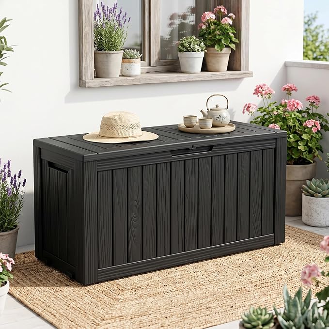 EasyUp 75 Gallon Outdoor Storage Box, Waterproof Compact Resin Deck Box with Wheels, UV-Resistant for Patio Furniture, Outdoor Cushions, Garden Tools and Pool Floats (Black, 75 Gallon)
